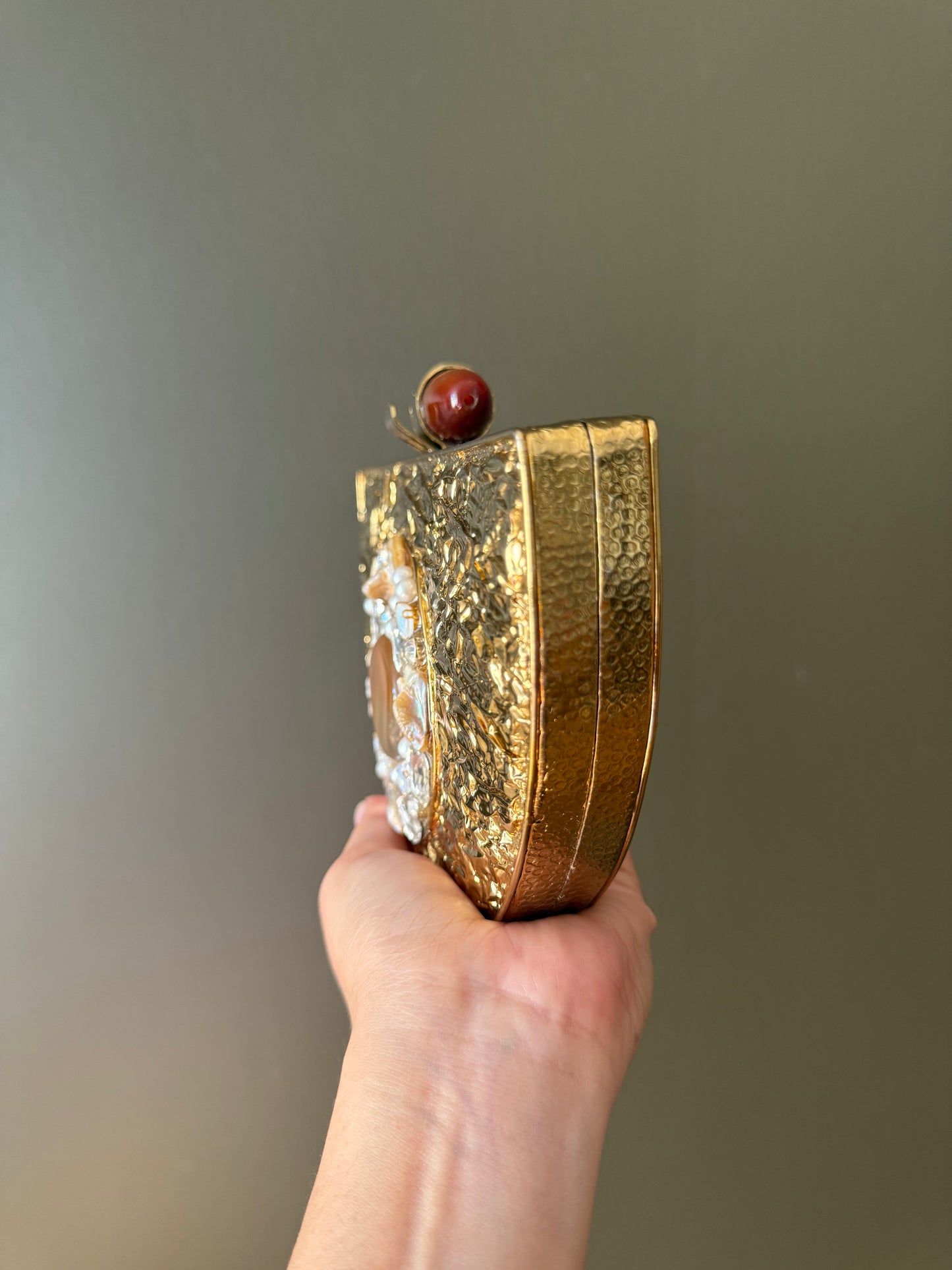 Handmade Gold Half Moon Clutch: Gemstone Clasp, Pearl Chain