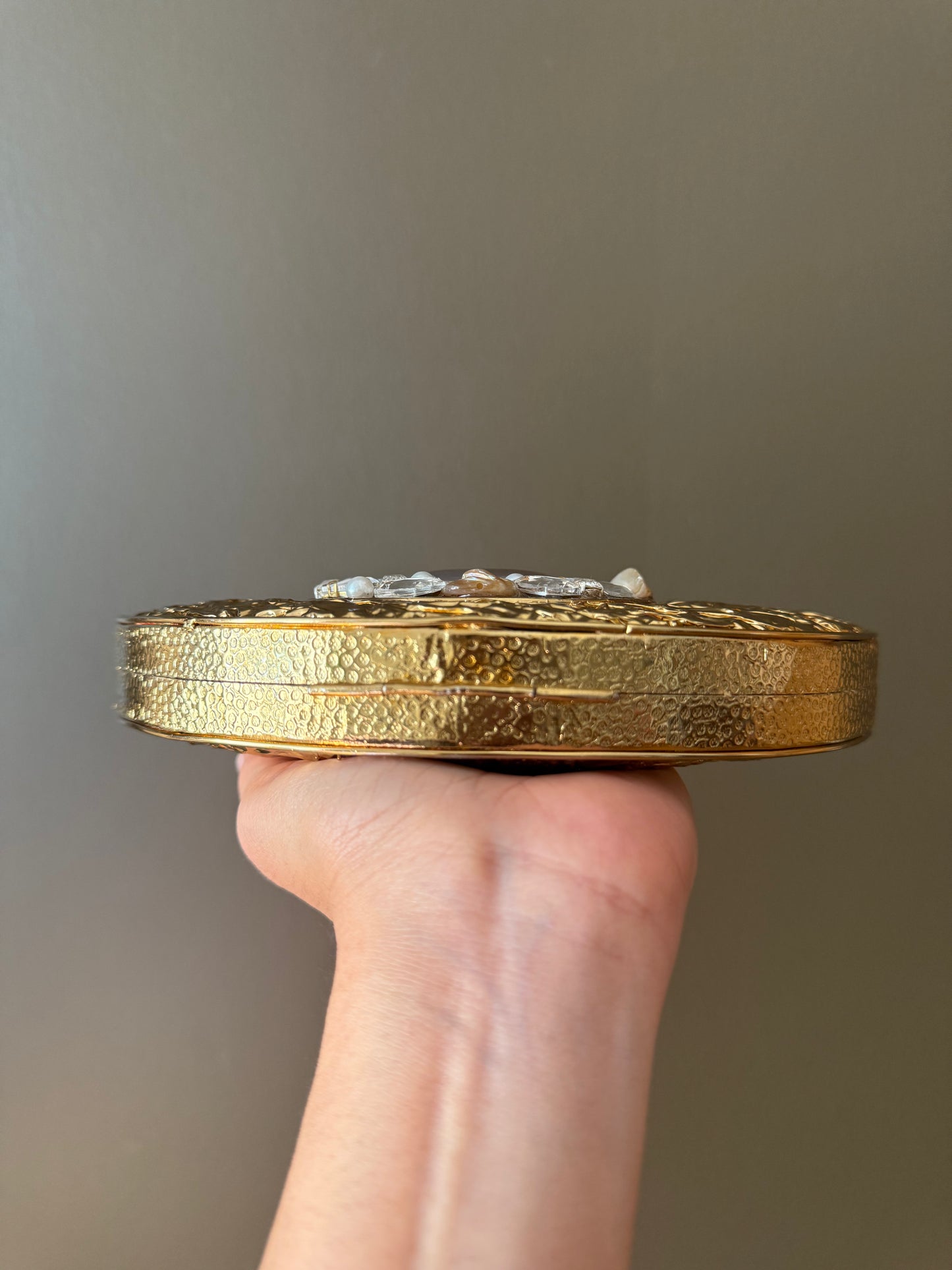 Handmade Gold Half Moon Clutch: Gemstone Clasp, Pearl Chain