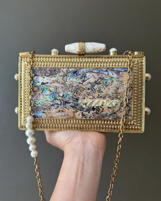 Vintage Abalone Shell Gold Metal Box Clutch Purse – 6.5” Evening Bag with Pearls, Marbled Stone Clasp, Chain Strap