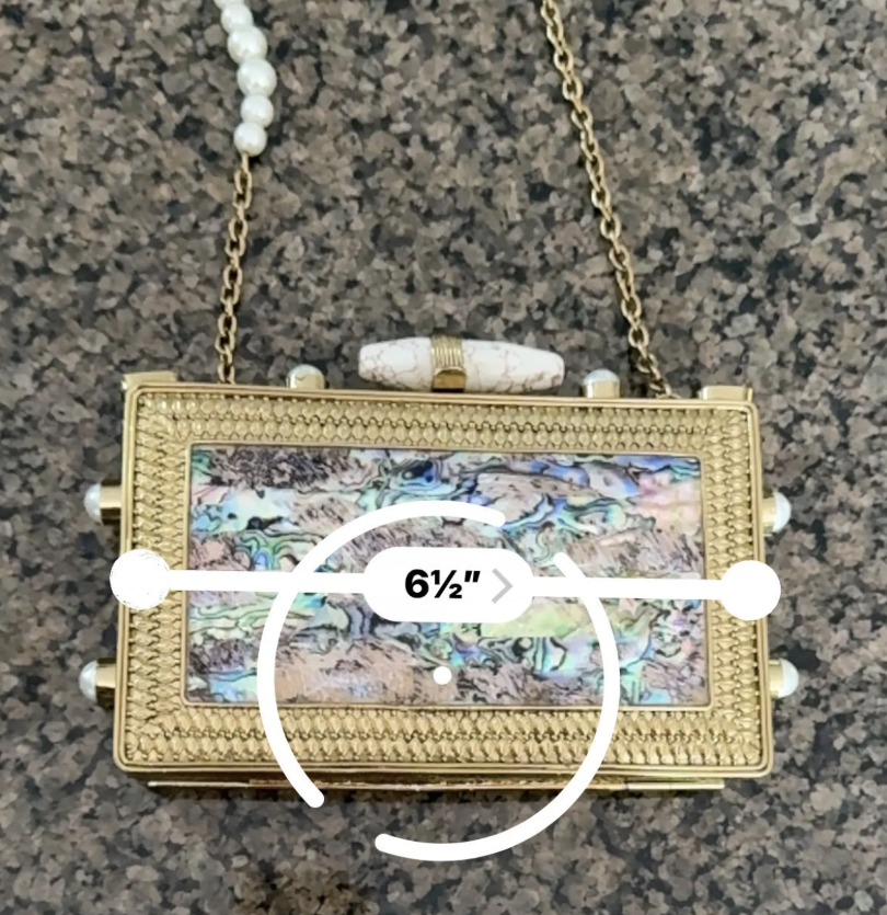 Vintage Abalone Shell Gold Metal Box Clutch Purse – 6.5” Evening Bag with Pearls, Marbled Stone Clasp, Chain Strap
