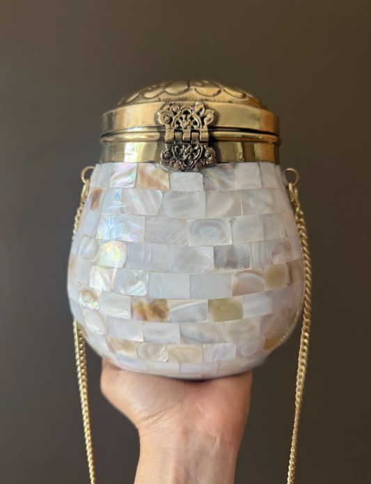 Handmade Mother of Pearl Clutch | Vintage-Inspired Brass & Shell Evening Bag | 7” Oval Bridal Purse | Artisan Statement Handbag. Wedding bag