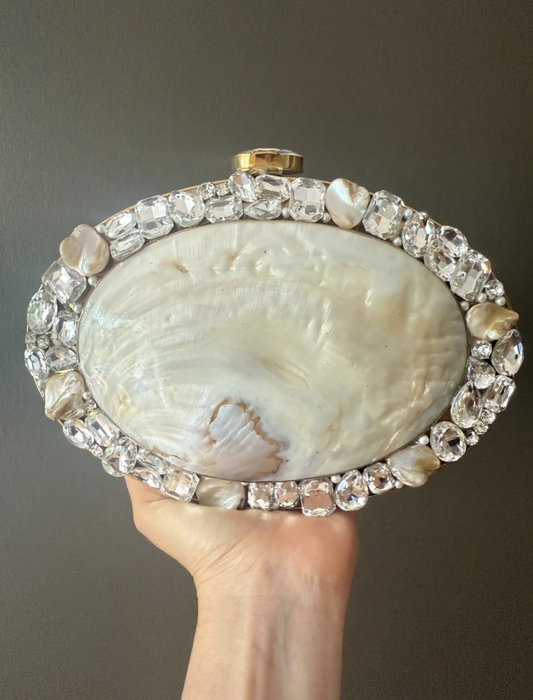 Handmade Mother of Pearl Clutch Purse – Oval Evening Bag with Crystals & Gold Chain – Bridal Shell Bag – Luxury Statement Accessory