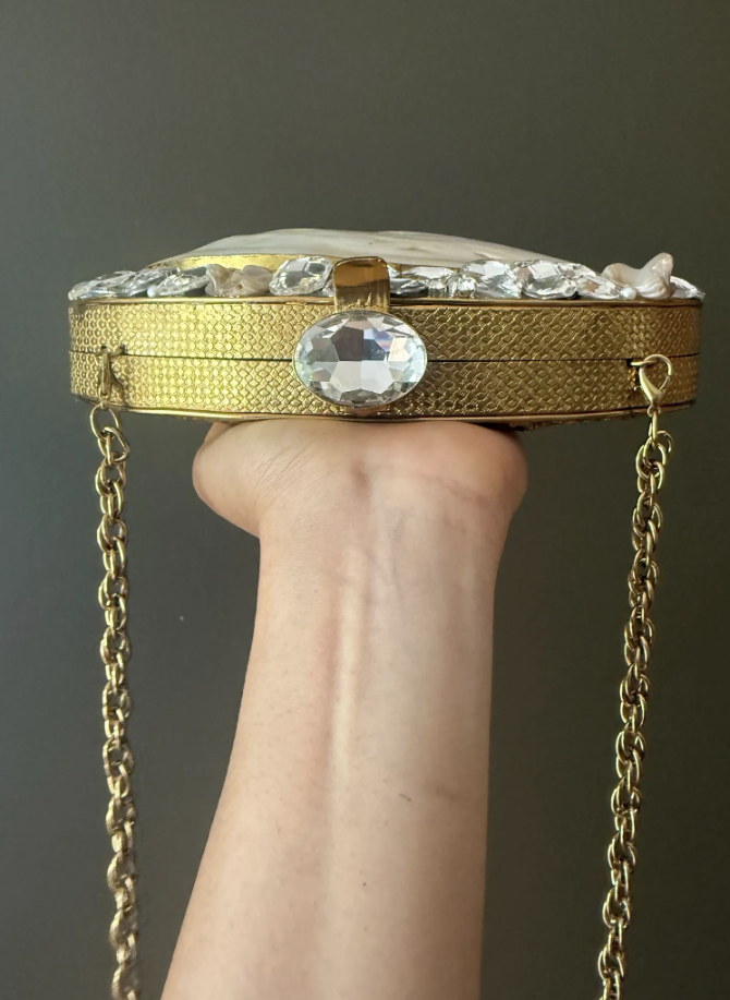 Handmade Mother of Pearl Clutch Purse – Oval Evening Bag with Crystals & Gold Chain – Bridal Shell Bag – Luxury Statement Accessory