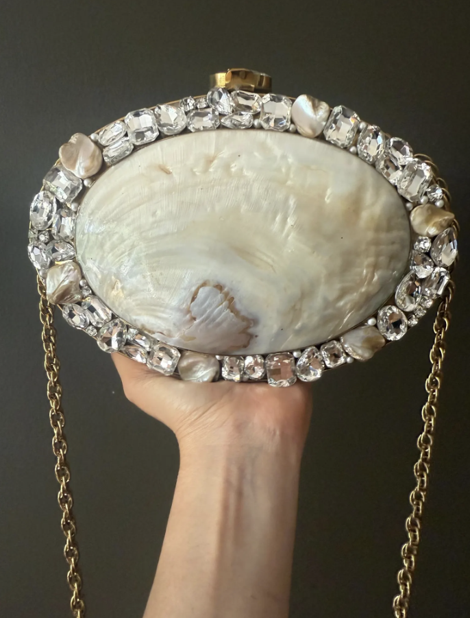 Handmade Mother of Pearl Clutch Purse – Oval Evening Bag with Crystals & Gold Chain – Bridal Shell Bag – Luxury Statement Accessory