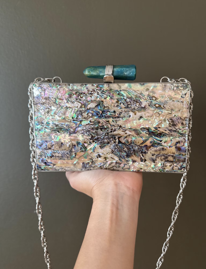 Handmade Abalone Shell Clutch: Iridescent Evening Bag with Gemstone Clasp