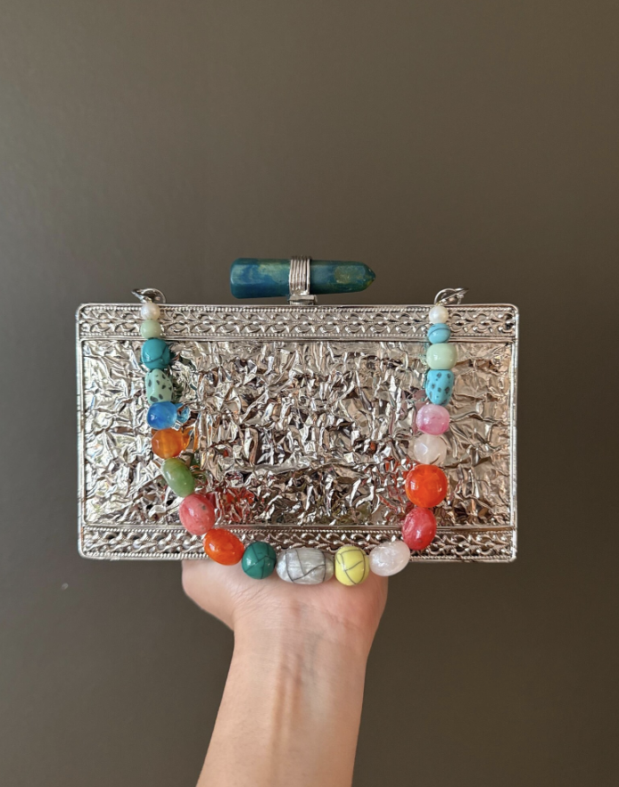 Handmade Abalone Shell Clutch: Iridescent Evening Bag with Gemstone Clasp