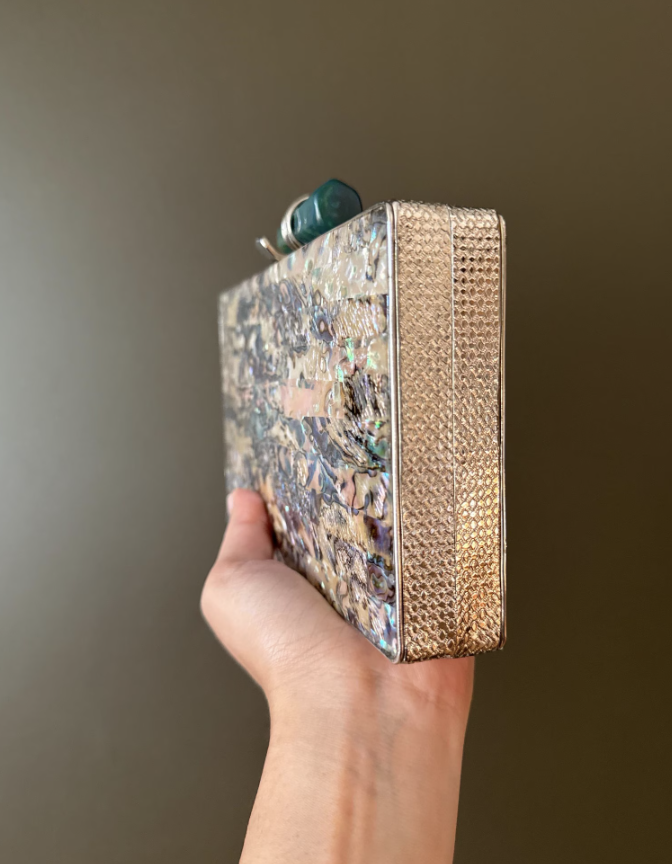 Handmade Abalone Shell Clutch: Iridescent Evening Bag with Gemstone Clasp