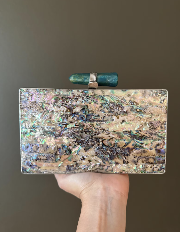 Handmade Abalone Shell Clutch: Iridescent Evening Bag with Gemstone Clasp