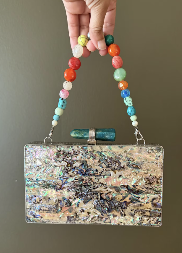 Handmade Abalone Shell Clutch: Iridescent Evening Bag with Gemstone Clasp