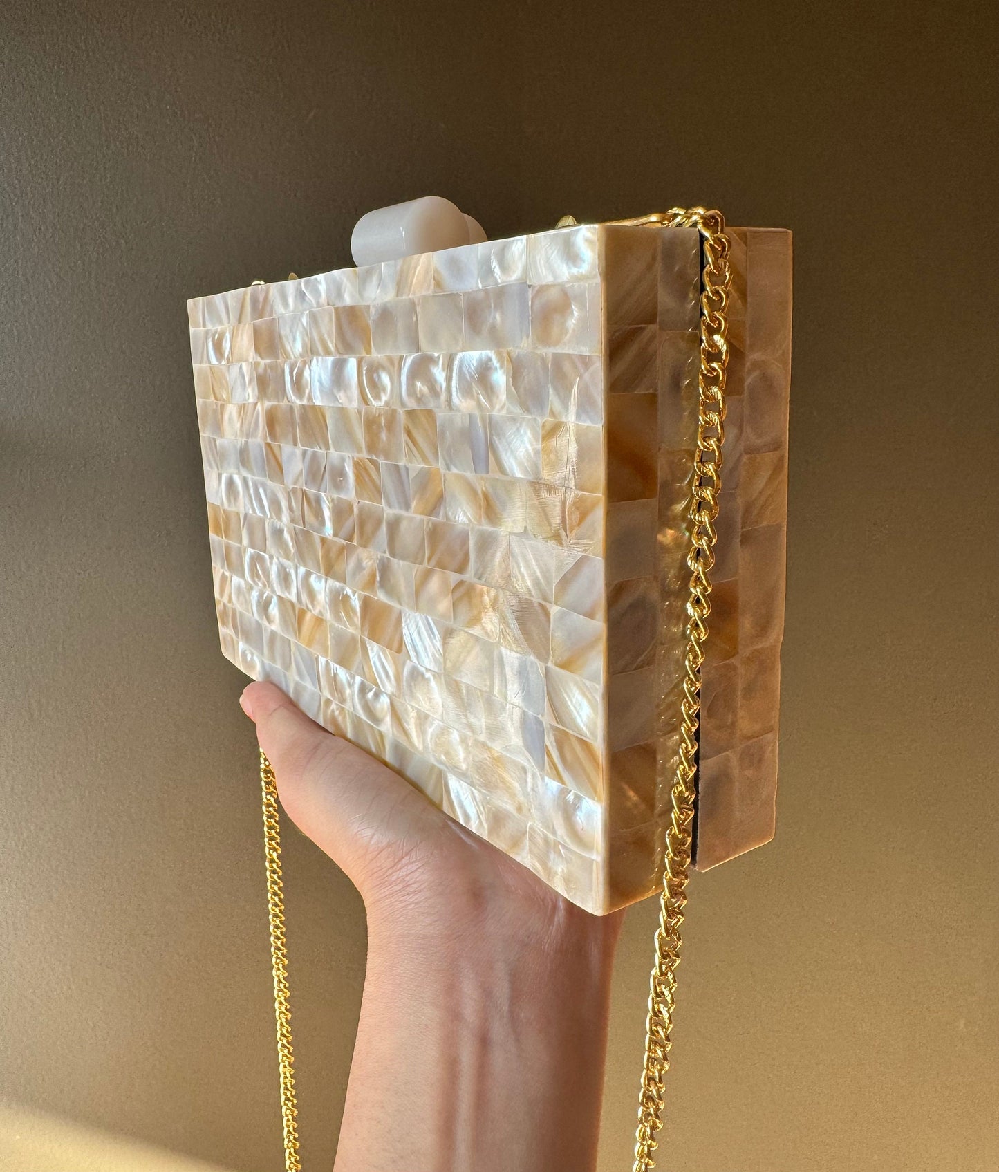 Handcrafted Mother-of-Pearl Clutch Purse with Gold Chain - Iridescent Mosaic Evening Bag for Weddings & Special Occasions