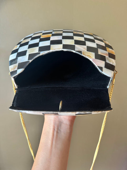 Chic Checkerboard Mother-of-Pearl Clutch - Artisan Crafted in India, Luxurious Evening Accessory, Mother-of-Pearl Evening Clutch  Gold Chain