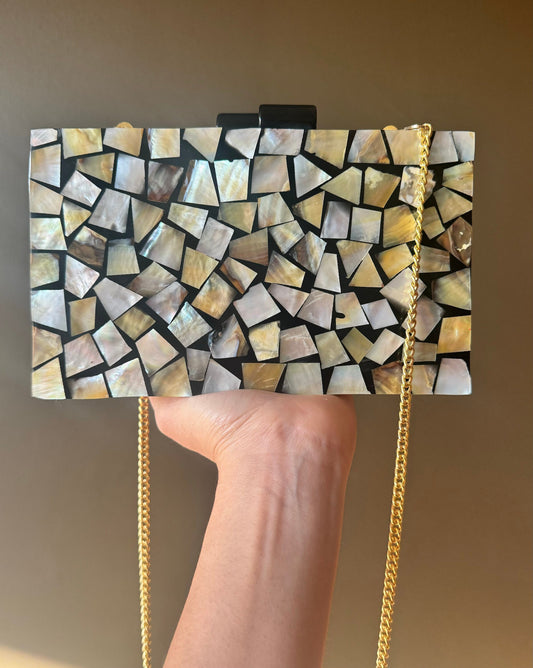 Exquisite Mahogany & Mother of Pearl Clutch | Luxurious Evening Bag with Gold Chain Strap and Resin Overcoat | Wedding and Special Occasion