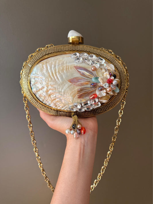 Exquisite Handcrafted Mother of Pearl Clutch with Vintage Gold Detailing & Crystal Embellishments. Luxurious Bag. Wedding clutch. Last PC