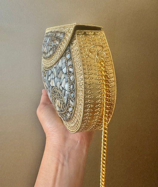 Chic Iridescent Mother-of-Pearl Mosaic Clutch with Elegant Gold Chain - Perfect Evening Accessory, Glamorous Mosaic Handcrafted Clutch