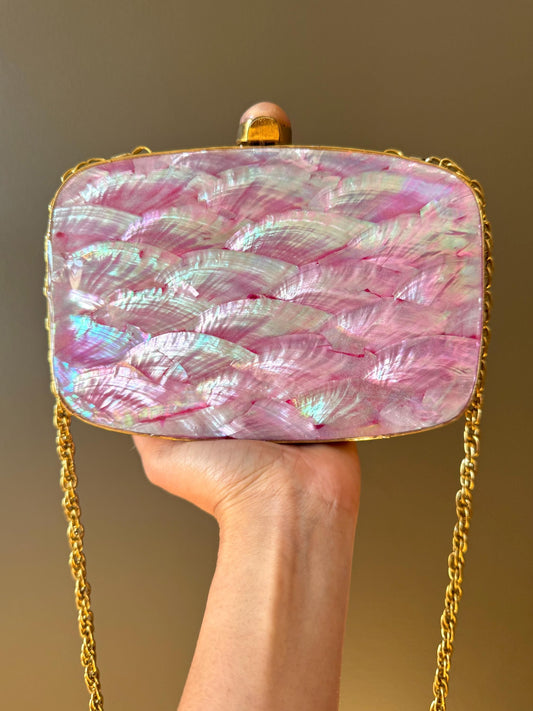 Handcrafted Gold and Pink Iridescent Shell Evening Clutch | Dual-Sided Luxury Purse with Chain | Perfect for Weddings & Special Events.