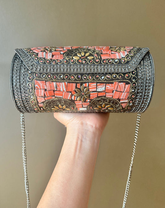 Chic Orange Mosaic Clutch with Vintage Silver Detailing and Chain Strap, Cultural Chic: Handcrafted Mosaic Evening Clutch,Exotic Elegant Bag