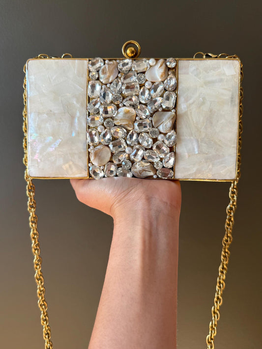 Handcrafted Mother-of-Pearl and Crystal Embellished Gold Clutch | Luxury Evening Bag for Weddings & Special Events. Limited Edition