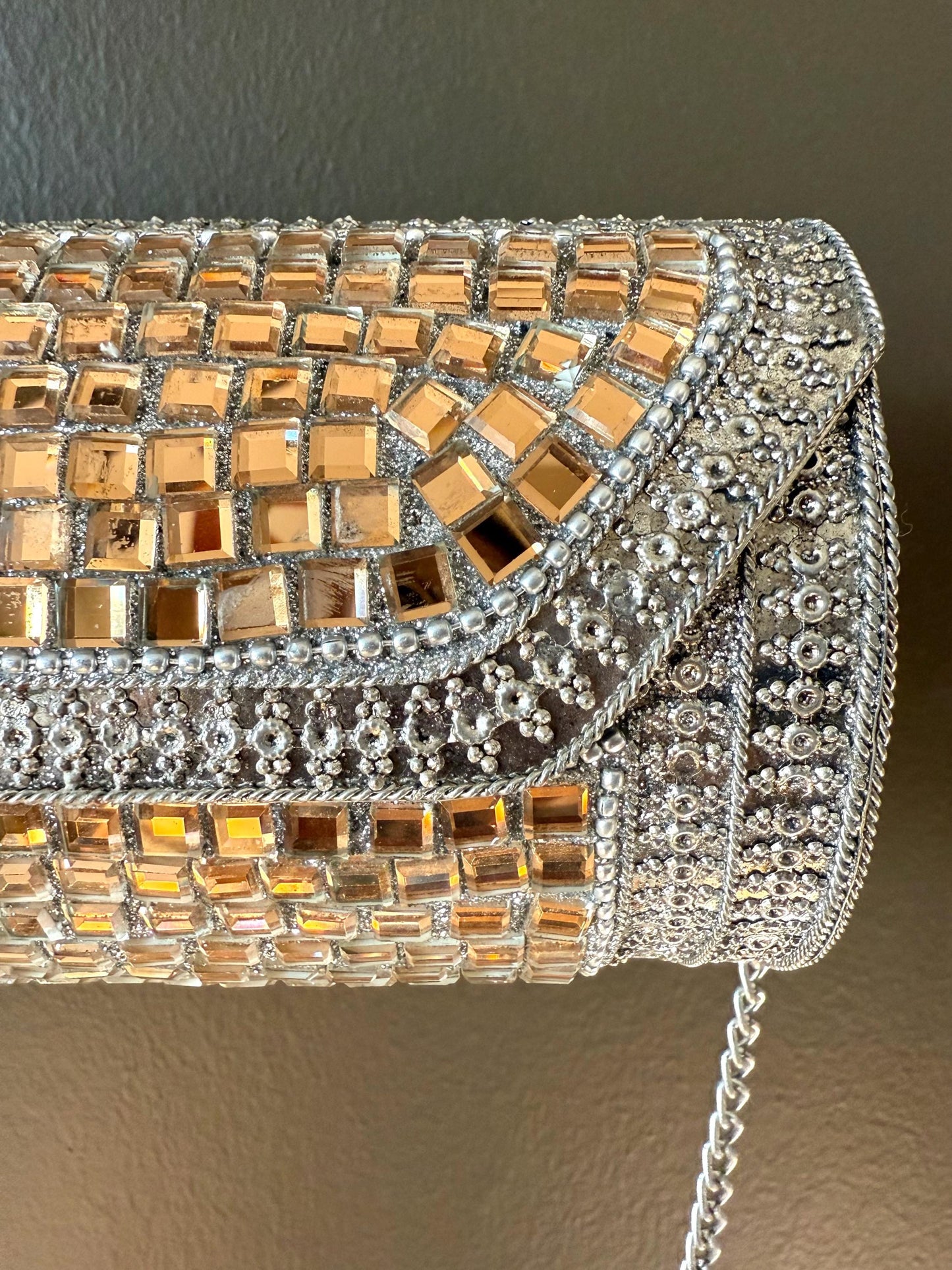 Sparkling Gold Mosaic Evening Clutch Bag with Chain Strap - Perfect for Weddings and Parties. Luxury Clutch. Metal Purse. Vintage Clutch