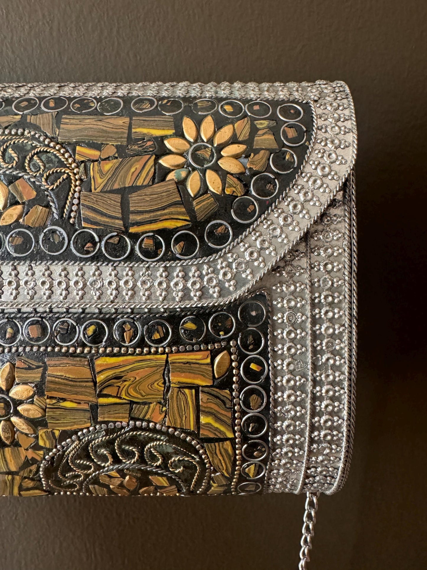 Luxury Handcrafted Golden Tiger Eye and Silver Metal Clutch Bag - Unique Artisan Boho Purse for Formal Events and Night Out