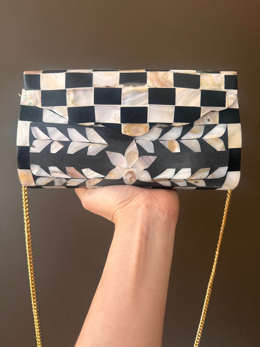 Handcrafted Mother of Pearl Clutch Bag - Black & White Checkerboard with Floral Design, Elegant Evening Purse with Gold Chain, Vintage Purse