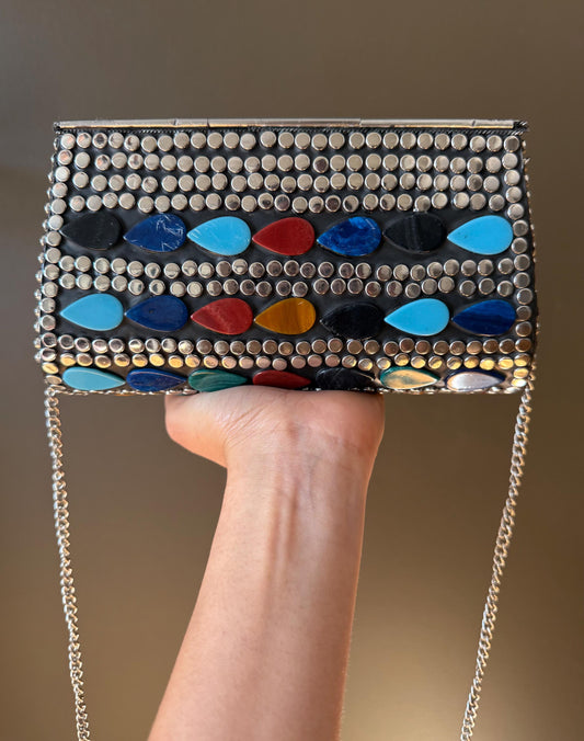 Handcrafted Multicolor Gemstone and Silver Beaded Clutch | Vibrant Statement Bag for Parties & Weddings | Unique Handmade Purse. Vintage