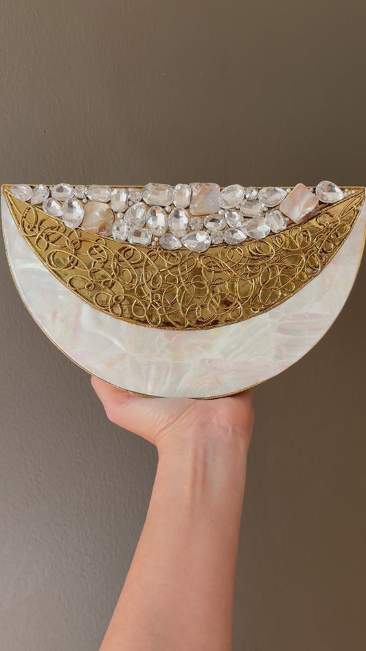 Mother of Pearl Half Moon Clutch – Gold Crystal Evening Handbag