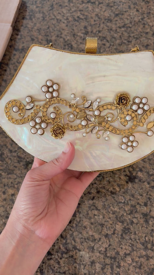 Mother-of-Pearl Gold Embellished Clutch Purse with Pearls & Floral Detailing