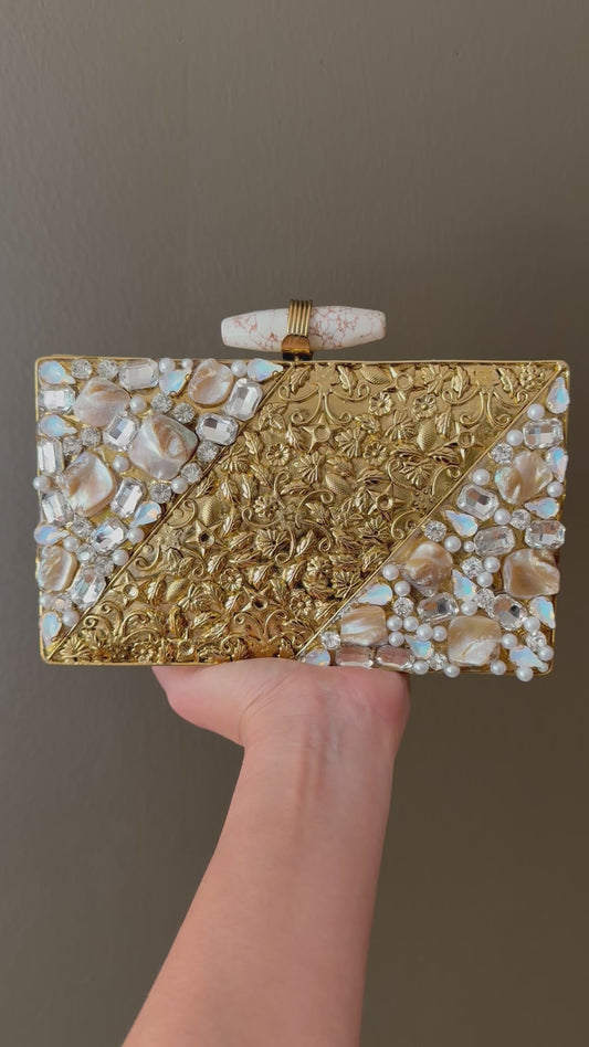 Gold Floral Couture Clutch With Pearls, Crystals & Marble Bar Clasp