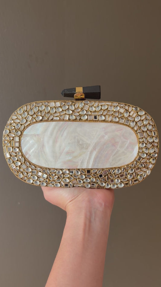 Handmade Mother of Pearl Clutch | Crystal Inlay, Black Stone Clasp