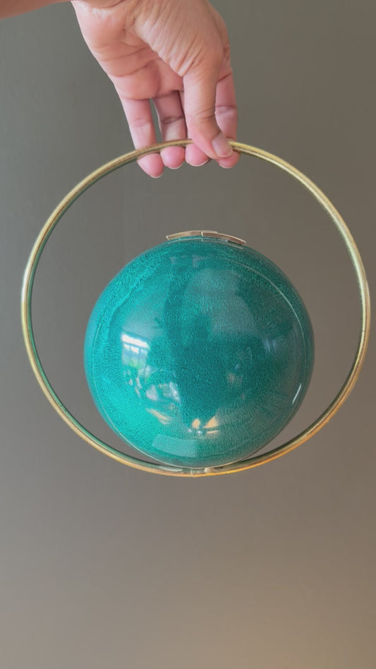Handmade Turquoise Sphere Clutch with Gold Halo Handle | Round Evening Bag | Unique Statement Purse | Wedding Party Clutch | Gift for Her